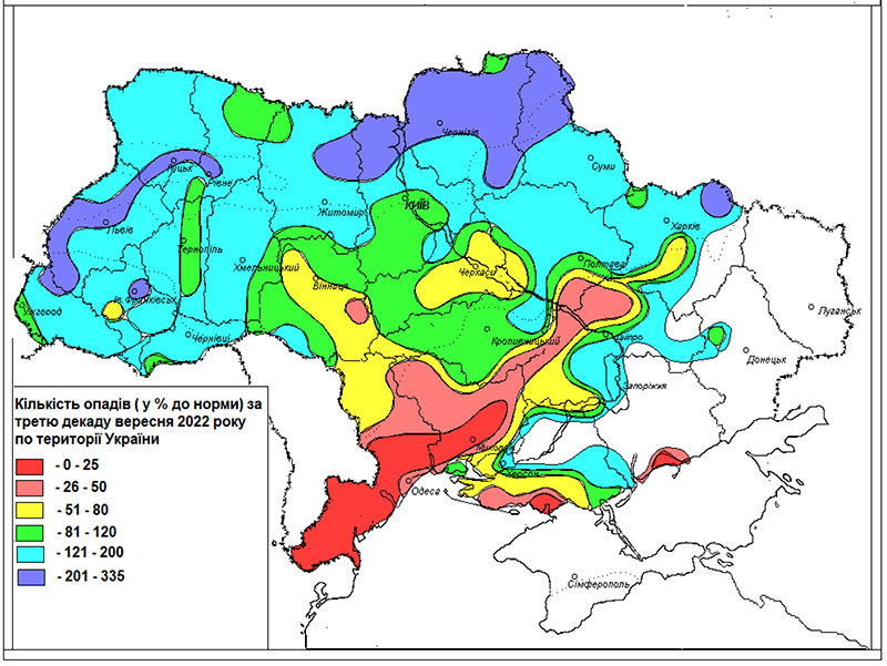 Кількість опадів (% до норми) за третю декаду вересня 2022 року по території України (Джерело: Укргідрометцентр)