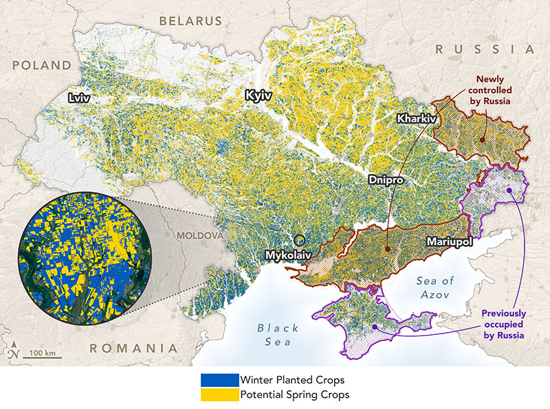 Сільськогосподарські угіддя, окуповані росією (Джерело фото: Earthobservatory.nasa.gov)