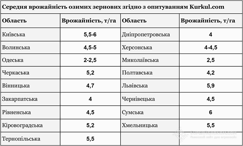 Середня врожайність озимих зернових згідно з опитуванням Kurkul.com