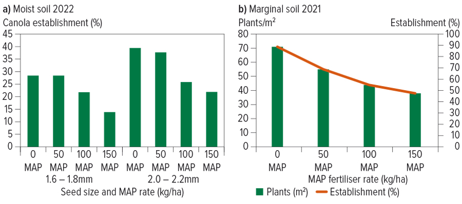 Токсичність моноамонійно-фосфатних добрив (а) у вологому ґрунті (2022 р.) і (б) при граничній вологості (2021 р.)
