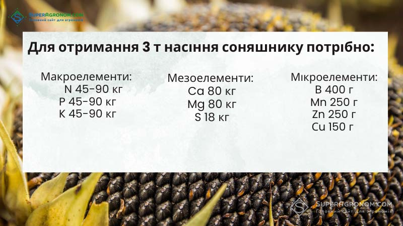 Поживні елементи, які потрібні для формування урожайності соняшнику 3 т/га
