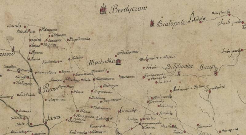 Карта Брацлавського воєводства 1790 року, на якій частково показані поселення Київського воєводства, зокрема Махнівка