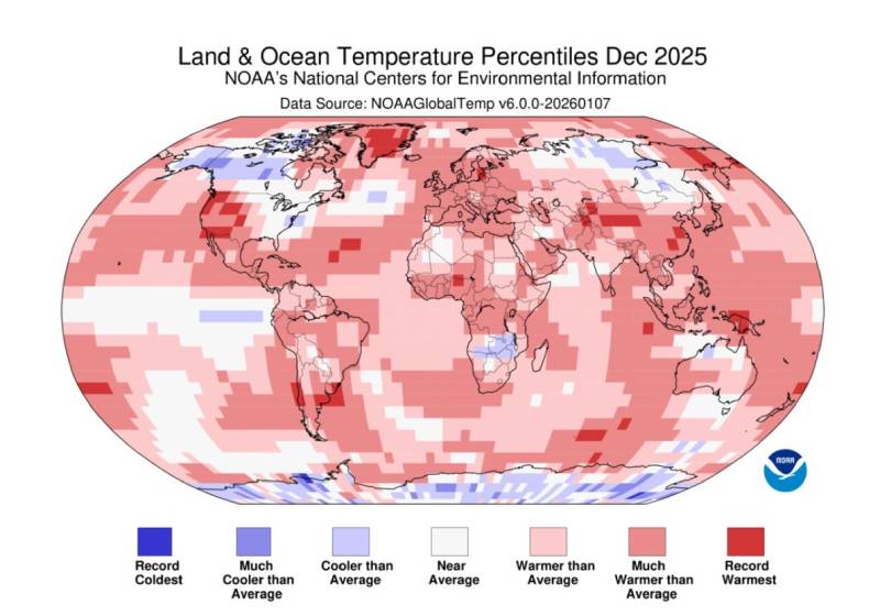 Перцентилі температури суші та океану за грудень 2025 року (&deg;C). Червоний колір означає тепліше за середнє значення, а синій &ndash; холодніше за середнє